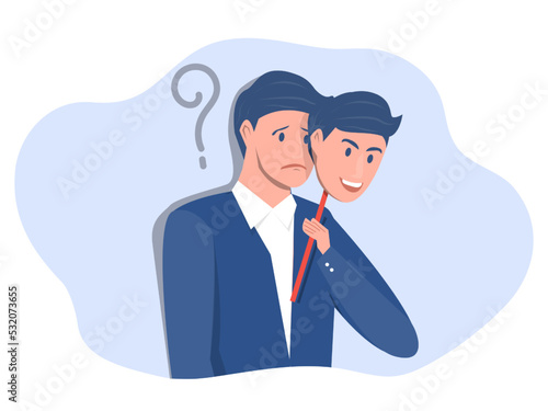 imposter syndrome, Businessman trying on carnival masks with happy or sad expressions concept design vector illustrator.