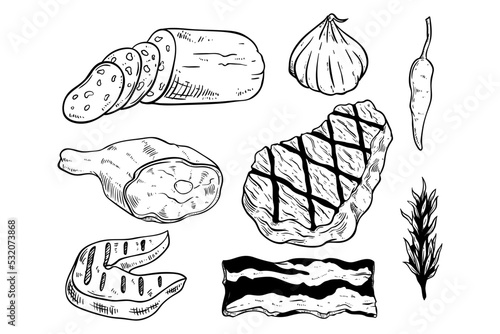 hand drawing meat or steak collection on white background