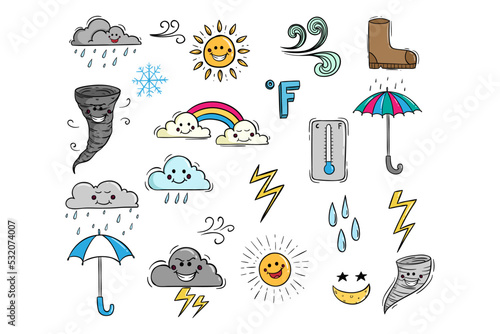 doodle cute weather character collection on white background
