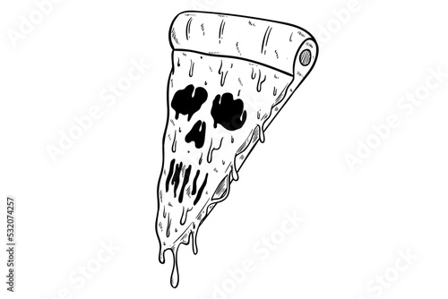 scary pizza slice hand draw with spooky face. hand drawing halloween pizza