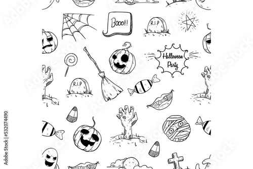 Fototapeta Naklejka Na Ścianę i Meble -  Seamless pattern of doodle halloween elements vector illustration on white background