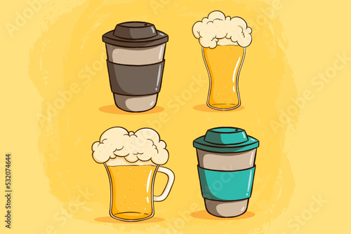 Set of doodle beer and coffee paper cup vector illustration