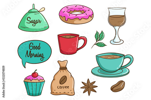 set of breakfast menu with colored doodle style on white background