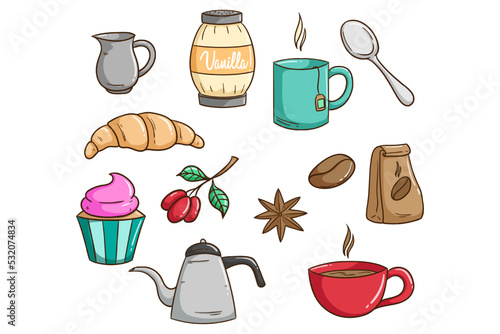 set of breakfast menu with colored doodle style on white background