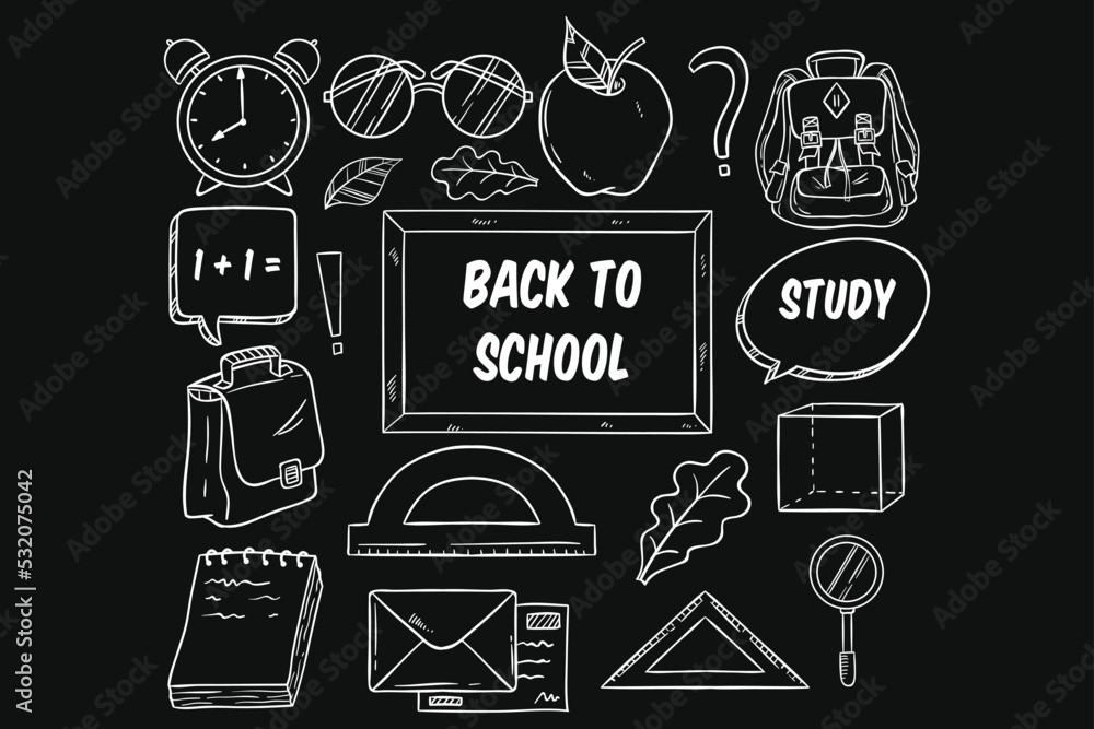 Fototapeta premium back to school icons or elements with doodle style on chalkboard background. school supplies hand drawing