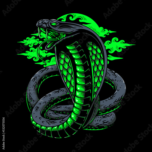 vector illustration colorful creepy cobra with clouds background vintage illustration