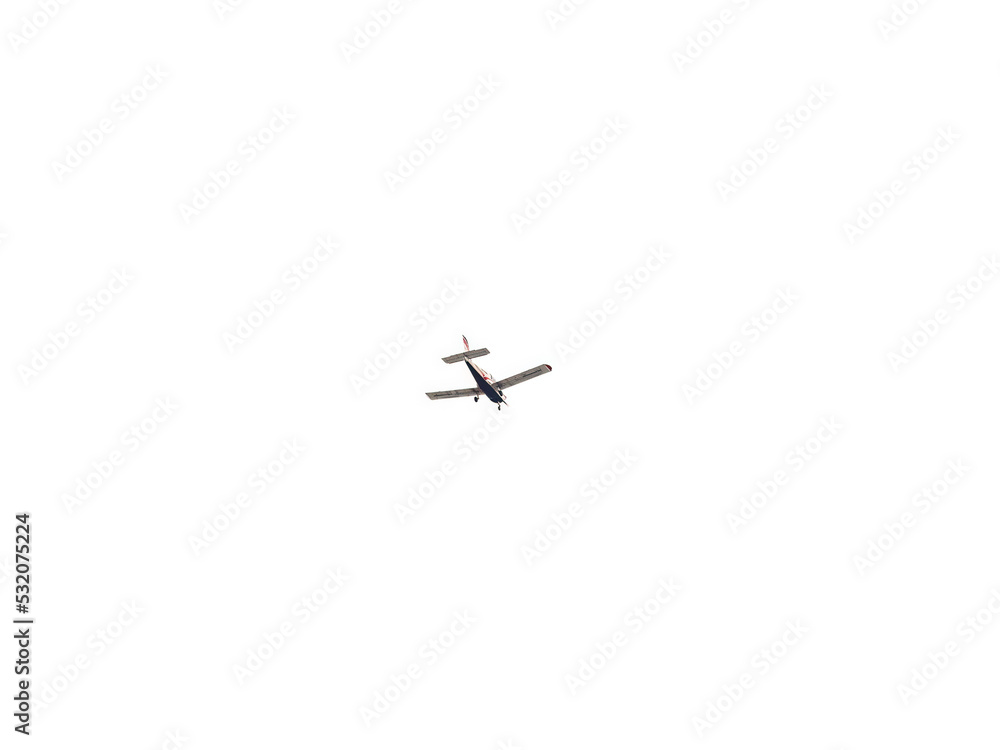 Small ultralight airplane with overhead wing and single propeller flying in sunset sky. Small ultralight airplane with overhead wing and single propeller flying in sunset sky.
