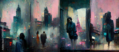 Oil painting illustration of  cyberpunk city, foggy, collection