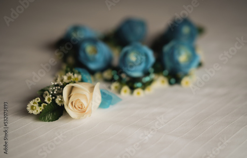 Photo boutonnière and corsage for wedding ceremony