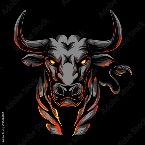 vector illustration Front view of a bull with long horns preparing to chase its prey vintage illustration