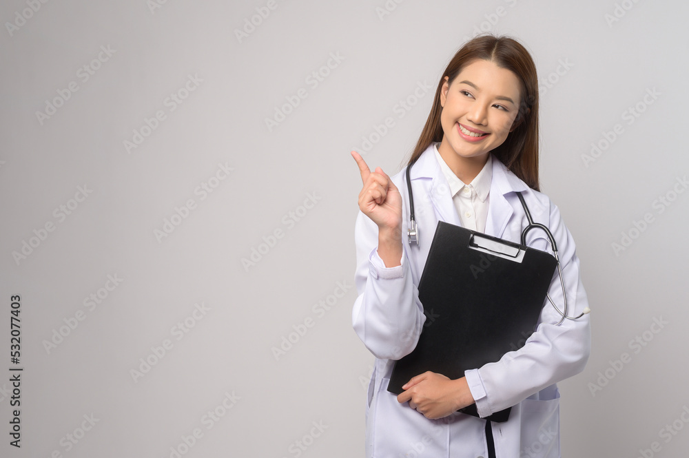 Portrait of female confident doctor over white background studio, healthcare and Medical technology concept. Portrait of female confident doctor over white background studio, healthcare and Medical technology concept.