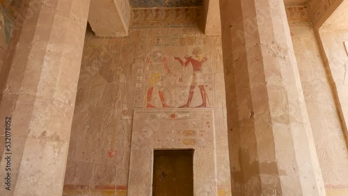 Panning Shot Of Hieroglyphics On The Walls Within The Mortuary Temple Of Hatshepsut photo