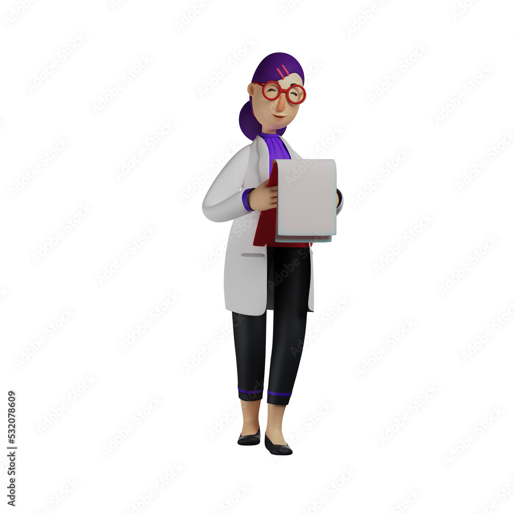 3D illustration. Smiley 3D Cartoon Female Doctor checking patient records. wearing cute red glasses. with a smiling expression. 3D Cartoon Character