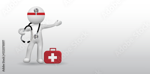 3D white small people- Doctor with stethoscope and emergency case ready to help illness or disease people in a hospital
