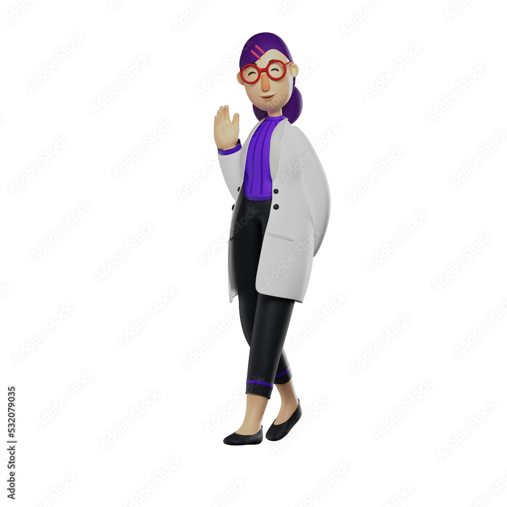 3D illustration. Cute Female Doctor 3D Cartoon Design waving hand. one leg crossed back. showing a greeting face. 3D Cartoon Character 3D illustration. Cute Female Doctor 3D Cartoon Design waving hand. one leg crossed back. showing a greeting face. 3D Cartoon Character