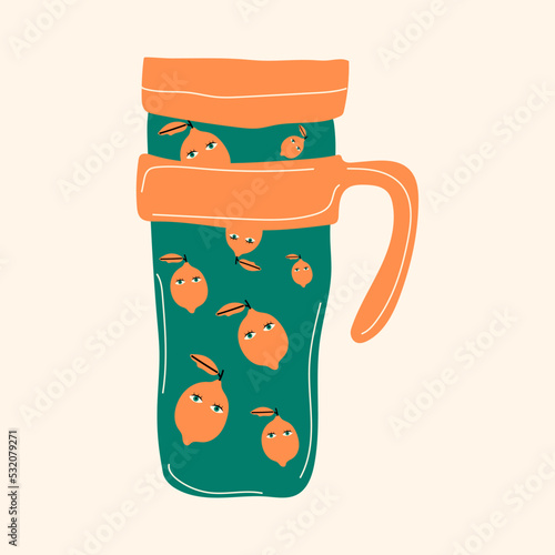 Vintage thermos cup.   Green Thermos Chinese retro thermo Flask. Cute lemon  print on the side. Hand drawn colorful Vector isolated illustration. Cartoon style