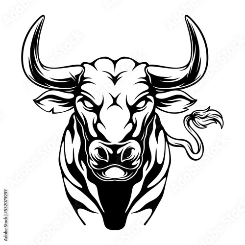 vector illustration Front view of a bull with long horns preparing to chase its prey black and white design