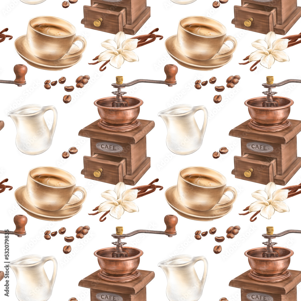 Obraz premium Seamless background with coffee grinder, coffee cup, vanilla flower and sticks, milk