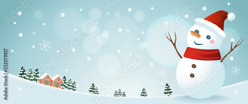 Winter scenery, there are snowman and pine trees and small houses