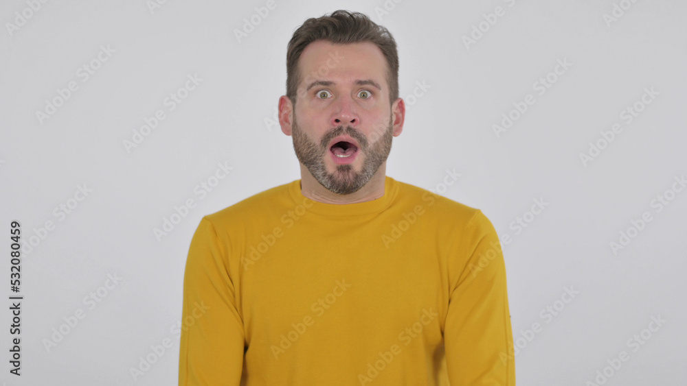 Middle Aged Man Shocked by Unbelievable Activity, White Background Middle Aged Man Shocked by Unbelievable Activity, White Background