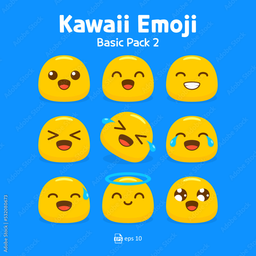 Fototapeta premium Cute and kawaii flat emoji or emoticon vector pack - emojis yellow emoticon happy, laughing, big eyes, love eye, and LOL collection isolated in blue background for graphic design or chat elements.