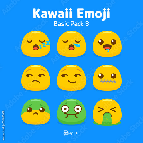 Cute and kawaii flat emoji or emoticon vector pack - emojis yellow emoticon sleepy, hungry, salivate, nausea, and puke vomit collection isolated in blue background for graphic design or chat elements.