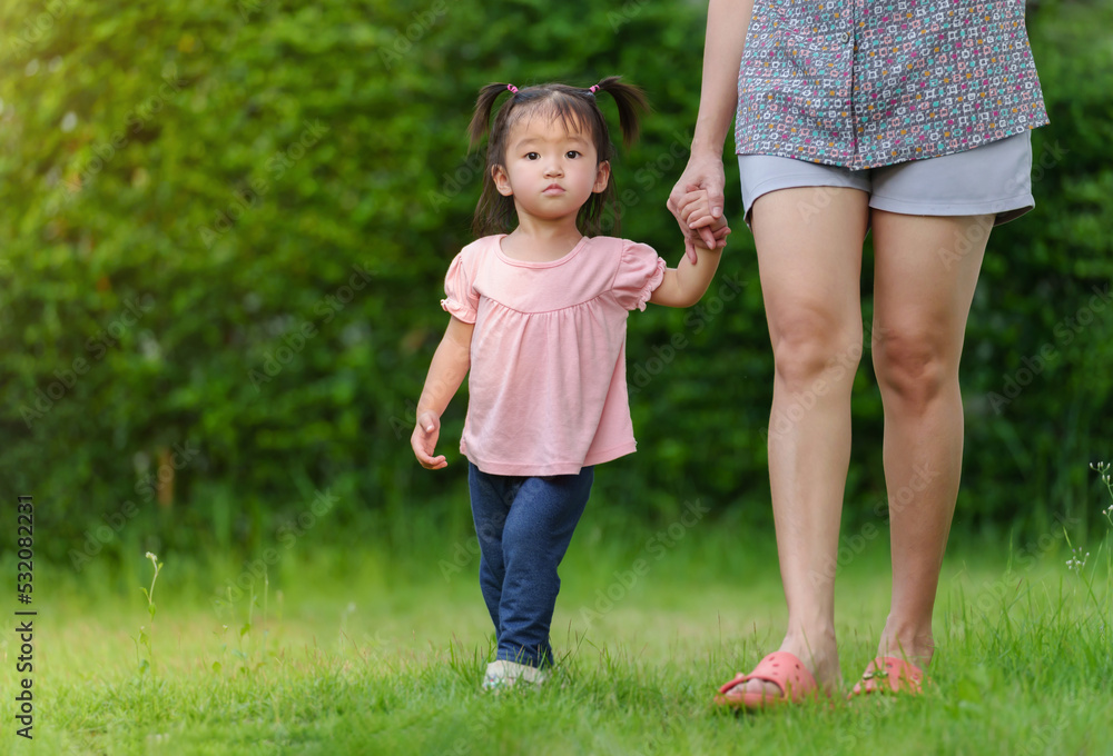 little toddler girl holding her mother's hand and walking in grass field little toddler girl holding her mother's hand and walking in grass field