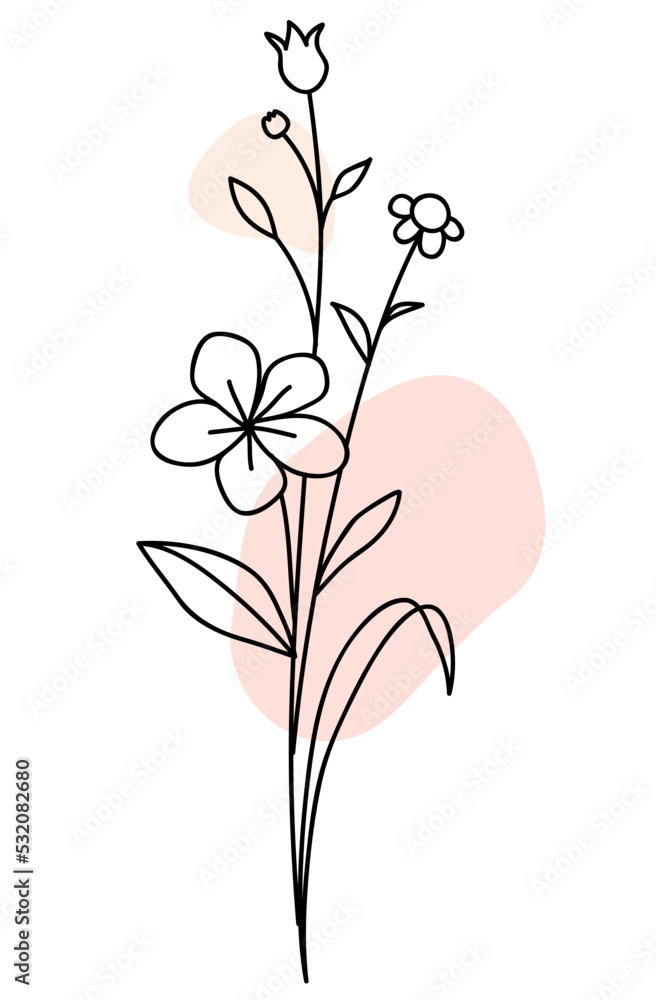 Hand drawn bouquet of flowers with leaves. Vector stock illustration. Line art Hand drawn bouquet of flowers with leaves. Vector stock illustration. Line art