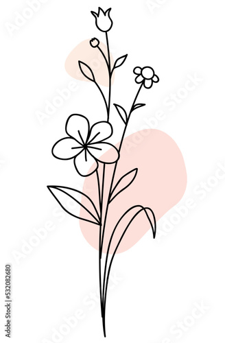 Hand drawn bouquet of flowers with leaves. Vector stock illustration. Line art