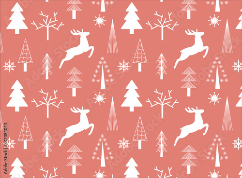 Pattern of winter white trees in geometric styl and flying deer