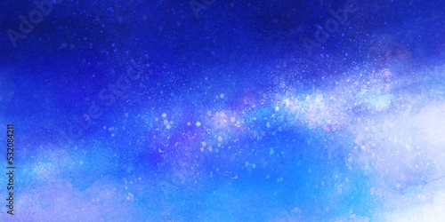 水彩風の青色の星空の風景イラスト Blue starry sky landscape illustration in watercolor style