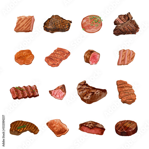 Set of beef steak on white background. Vector illustration.