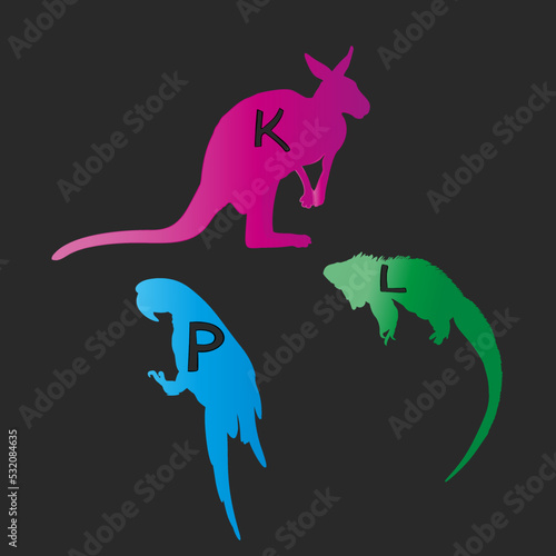 Conceptual silhouette of an animal with text. Animal with text of a large set of animals with text as a blank for designers  logo  icon. Kids animal alphabet collection. kangaroo  parrot  iguana