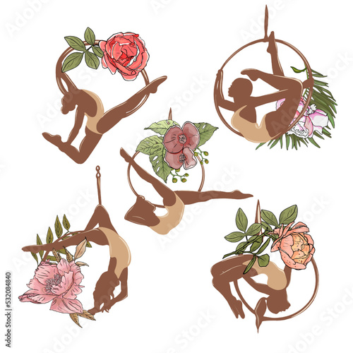 Isolated vector illustration of an acrobat, circus performer on a white background. Girl on an acrobatic ring blank for designer, clipart, logo, icon, postcards, tricks, dance school