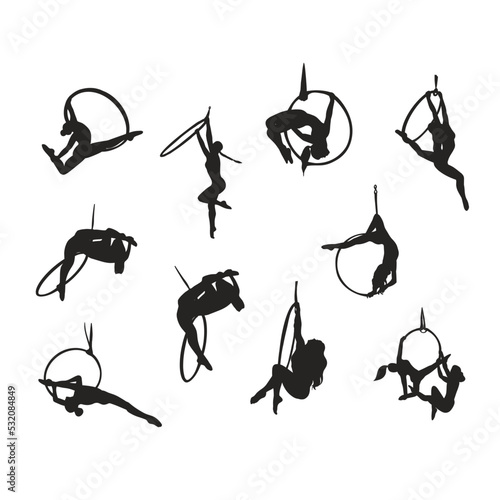 Isolated set vector illustration of an acrobat, circus performer on a white background. Girl on an acrobatic ring blank for designer, clipart, logo, icon, postcards, tricks, dance school