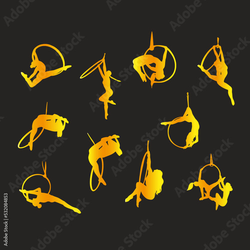 Isolated set vector illustration of an acrobat, circus performer on a white background. Girl on an acrobatic ring blank for designer, clipart, logo, icon, postcards, tricks, dance school