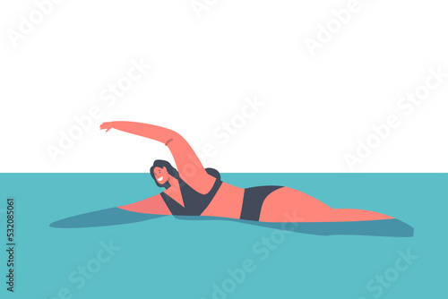 Happy Female Character Swimming Pool, Relax in Ocean or Sea on Summer Holidays, Girl in Swimsuit Enjoying Vacation