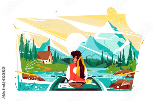 Girl boating on lake, picturesque mountain landscape