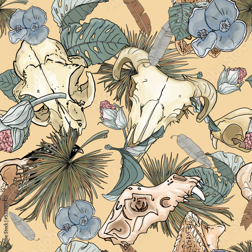 Tropical leaves pattern, exotic flowers and animal skulls. Boho seamless illustration for printing on textiles, blank for designer, print