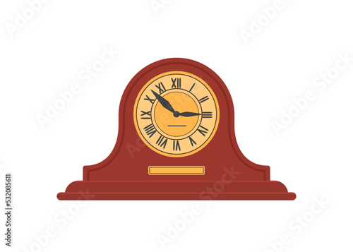 Wooden retro mantel clock isolated on white background. Home interior concept. Cartoon flat style. Vector illustration