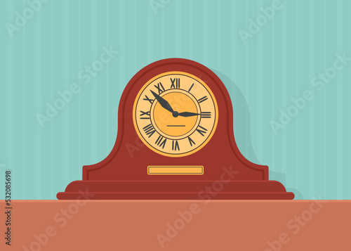 Wooden retro mantel clock on wall background. Home interior concept. Vector illustration. Cartoon flat style