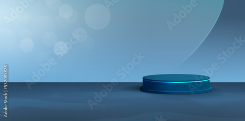illustration of podium stage in room with blue sky backgrounds for signs corporate, advertisement business agency, ads campaign marketing, motion video animation backdrops, landing pages, header webs