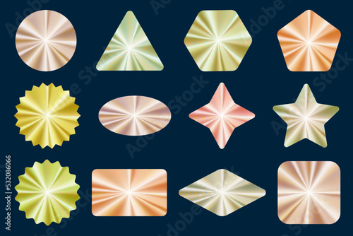 Holographic stickers set. Golden label gradient stamps. Metal texture badges. Iridescent rainbow foil in different geometric shapes. Vector neon emblems.