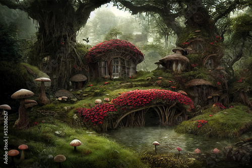 overgrown hobbit  house in the magical forest,  digital illustration photo