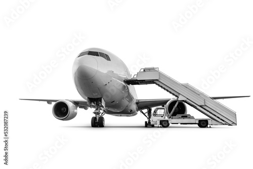 Bild auf Leinwand White wide body passenger airliner with boarding stairs isolated on transparent