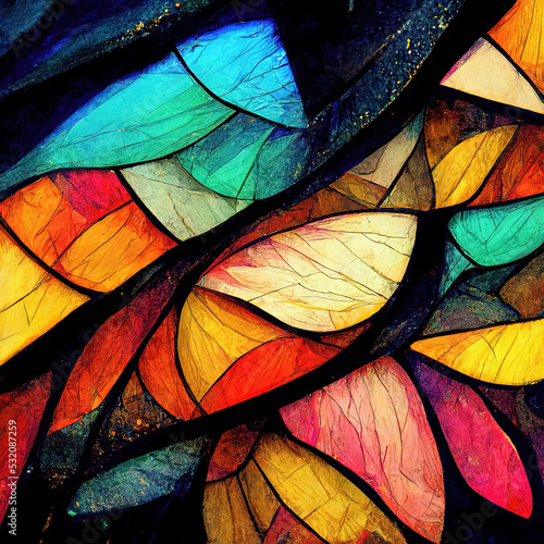 Abstract mosaic window illustration of a stained glass artwork colorful with different textures and green, teal, blue, orange, red, pink colors wallpaper and background geometric square