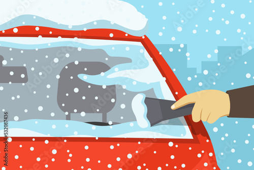 Safe car driving rules and tips. Winter season driving. Close-up of a hand cleaning a vehicle's windshield from ice and snow. Flat vector illustration template.