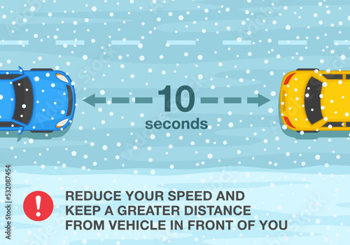 Safe car driving rules and tips. Winter season driving. Reduce speed, keep a greater distance from vehicle in front of you. Top view of a traffic flow. Flat vector illustration template.