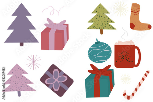 Christmas painted set in png file. Christmas trees, gifts, caramel, hot drink, snowflakes, sock.