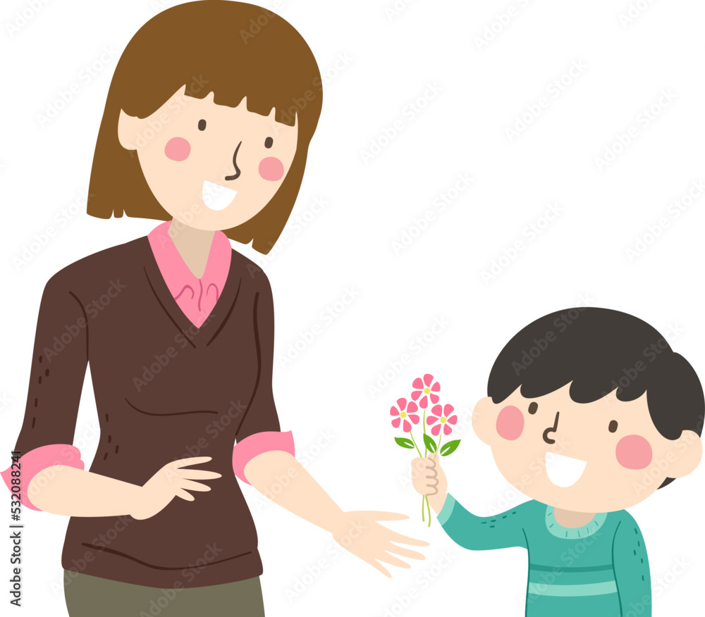 Girl Kid Boy Give Flowers Teacher Illustration Girl Kid Boy Give Flowers Teacher Illustration